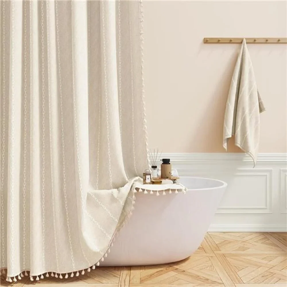 Boho Farmhouse Shower Curtain, Linen Rustic Weighted Striped Cloth Shower